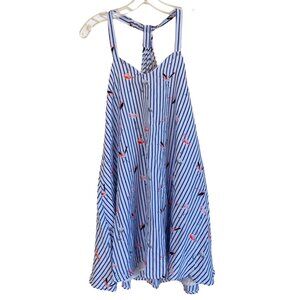 Popreal Flamingo Dress White w/ Blue Stripes Mini Lined Medium